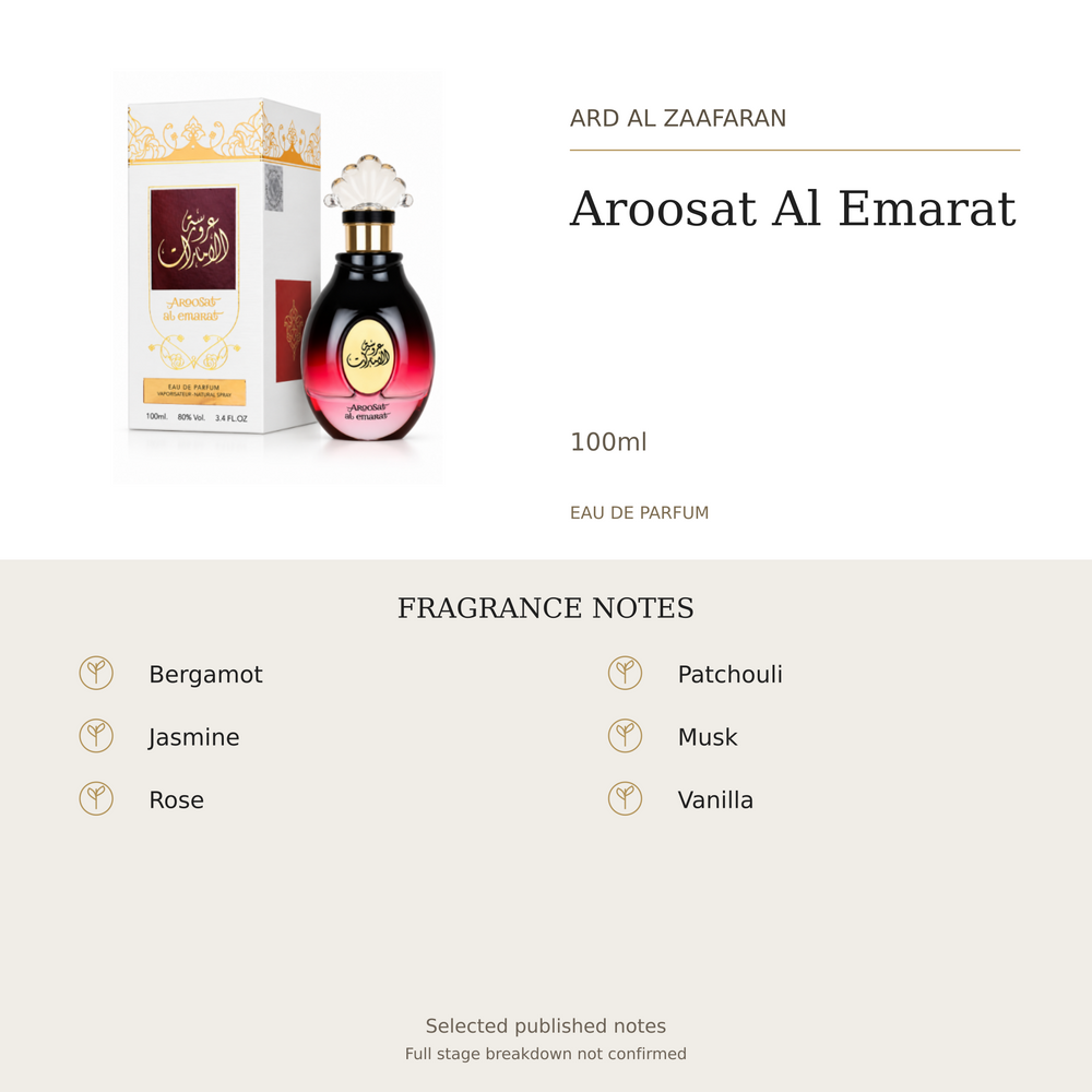 Ard Al Zaafaran Aroosat Al Emarat 100ml. Selected published fragrance notes: Bergamot, Jasmine, Rose, Patchouli, Musk, Vanilla. Full stage breakdown not confirmed.