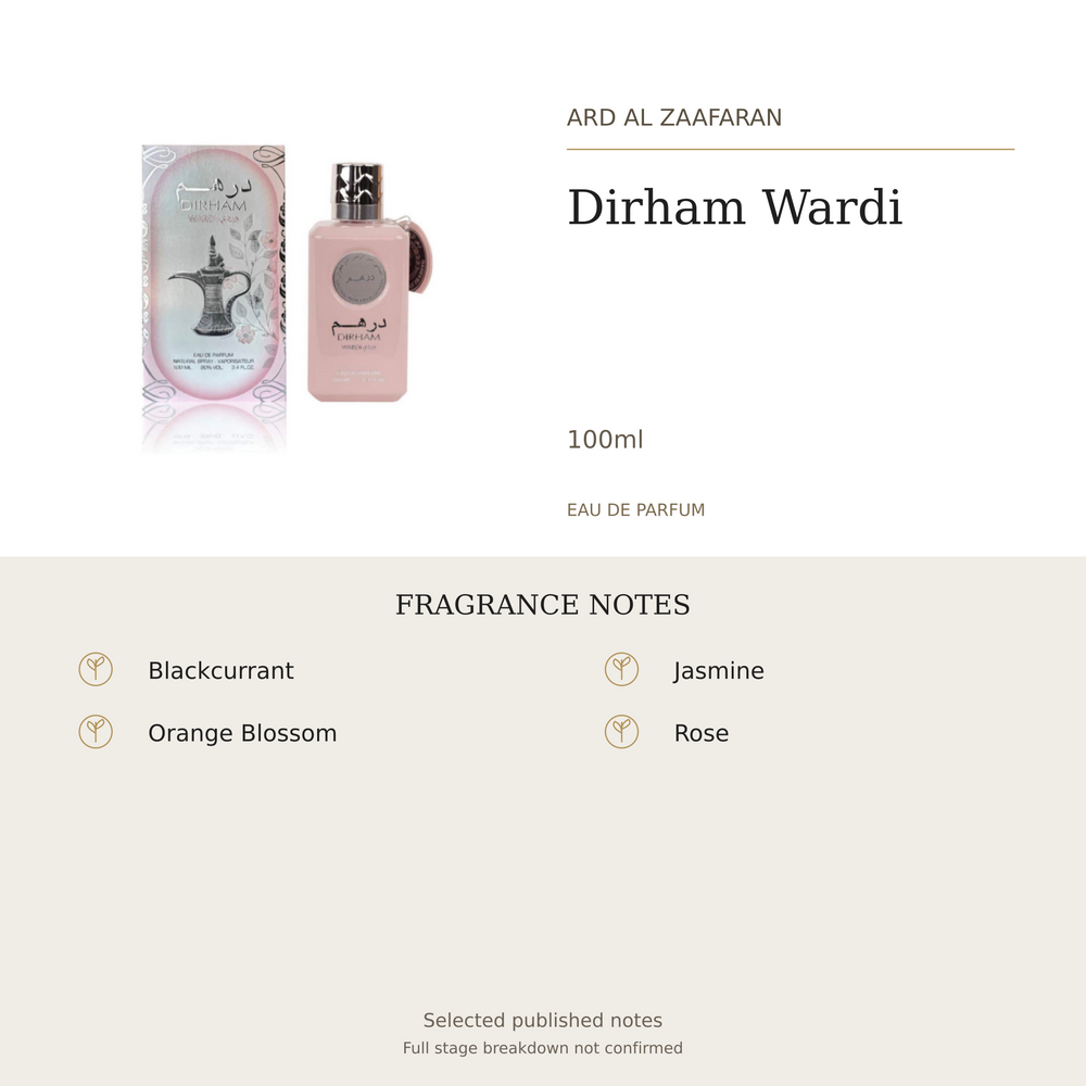 Ard Al Zaafaran Dirham Wardi 100ml. Selected published fragrance notes: Blackcurrant, Orange Blossom, Jasmine, Rose. Full stage breakdown not confirmed.