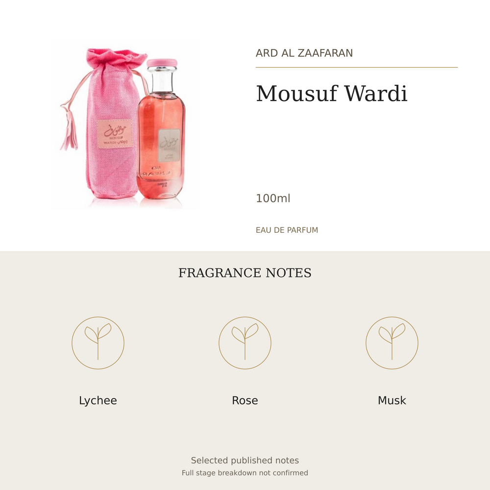 Ard Al Zaafaran Mousuf Wardi 100ml. Selected published fragrance notes: Lychee, Rose, Musk. Full stage breakdown not confirmed.