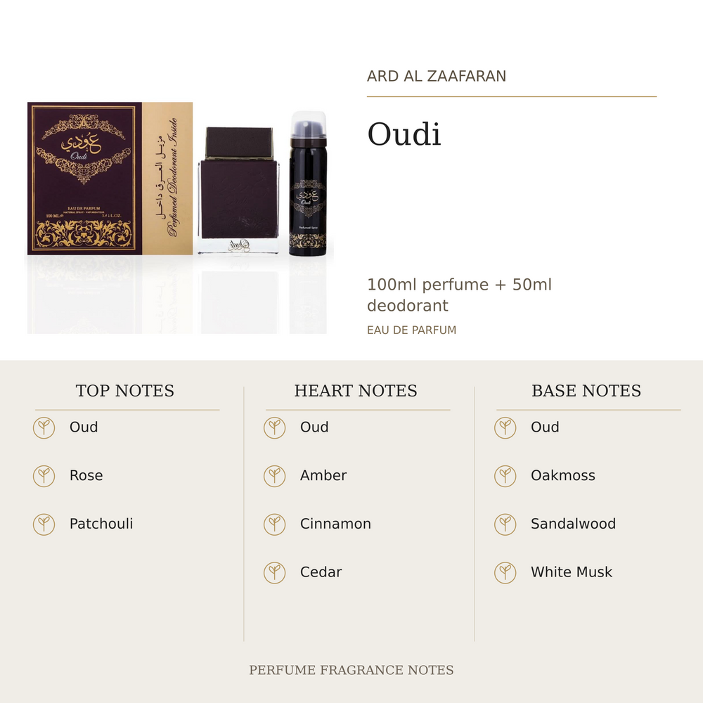 Ard Al Zaafaran Oudi 100ml perfume + 50ml deodorant fragrance notes. Top: Oud, Rose, Patchouli. Heart: Oud, Amber, Cinnamon, Cedar. Base: Oud, Oakmoss, Sandalwood, White Musk. Notes refer to the perfume.