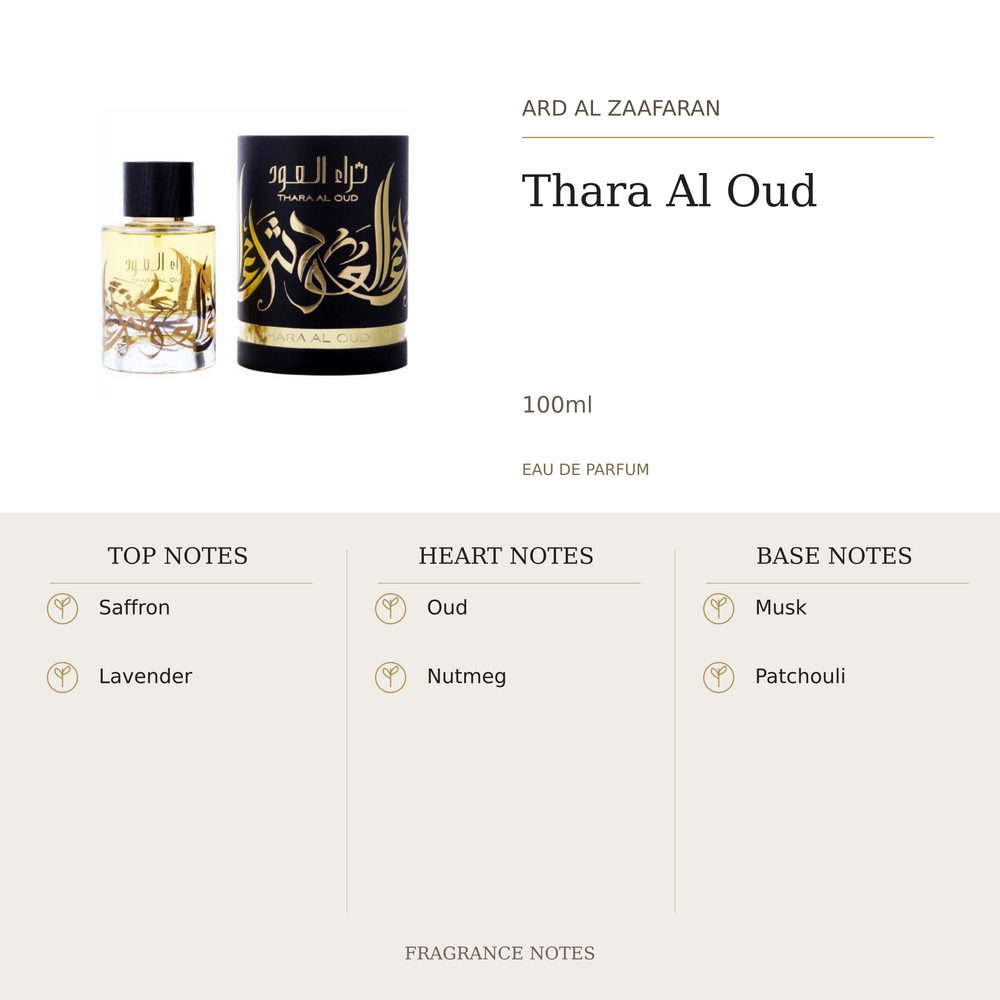 Ard Al Zaafaran Thara Al Oud 100ml fragrance notes. Top: Saffron, Lavender. Heart: Oud, Nutmeg. Base: Musk, Patchouli.