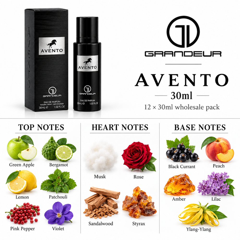 Grandeur Avento — 30ml fragrance notes. Top: Green Apple, Bergamot, Lemon, Patchouli, Pink Pepper, Violet. Heart: Musk, Rose, Sandalwood, Styrax. Base: Black Currant, Peach, Amber, Lilac, Ylang-Ylang.