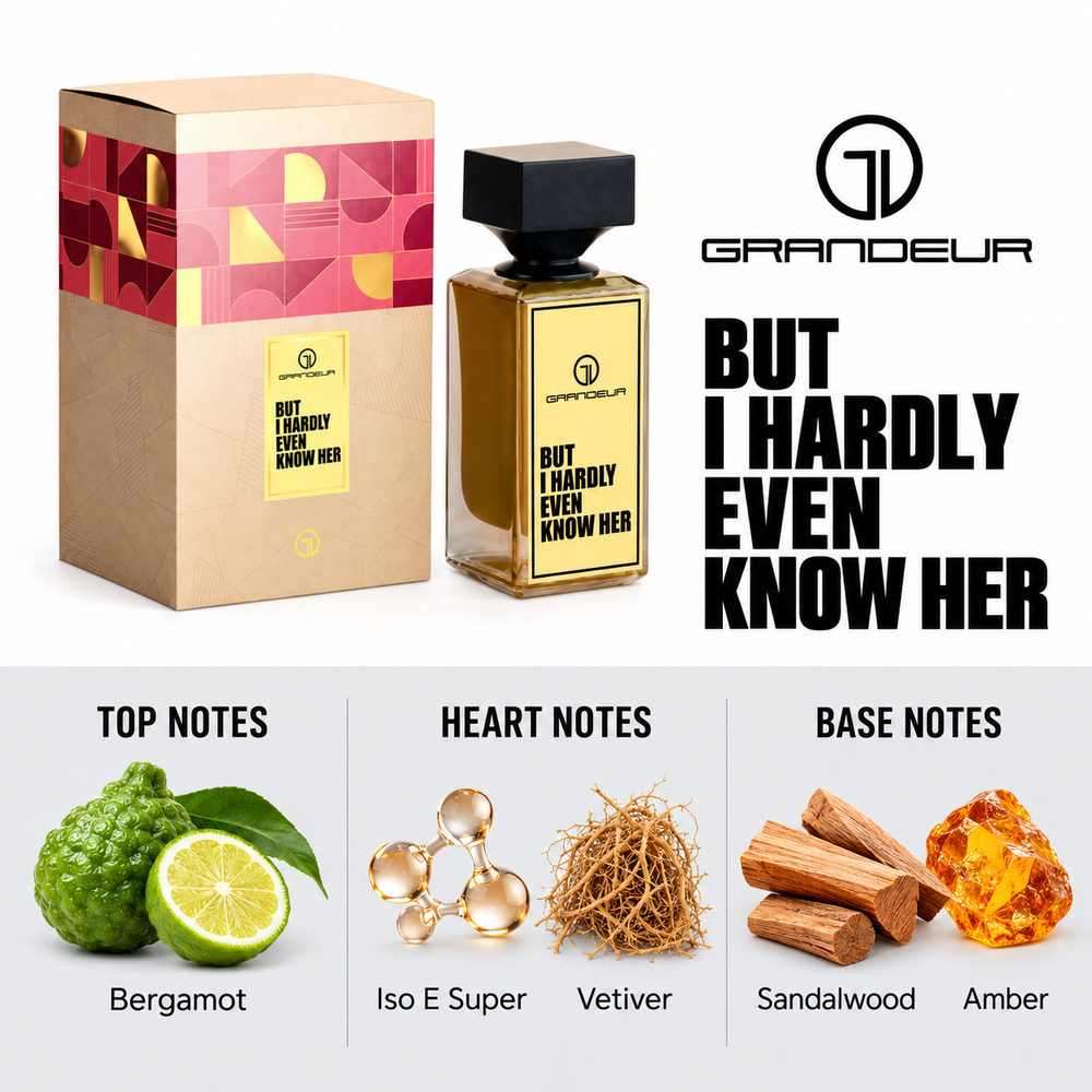 Grandeur But I Hardly Even Know Her fragrance notes. Top: Bergamot. Heart: Iso E Super, Vetiver. Base: Sandalwood, Amber.