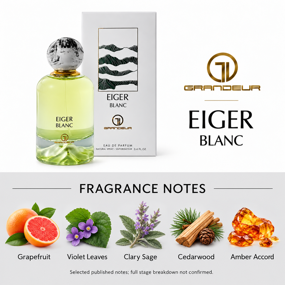 Grandeur Eiger Blanc. Selected published fragrance notes: Grapefruit, Violet Leaves, Clary Sage, Cedarwood, Amber Accord. Full stage breakdown not confirmed.