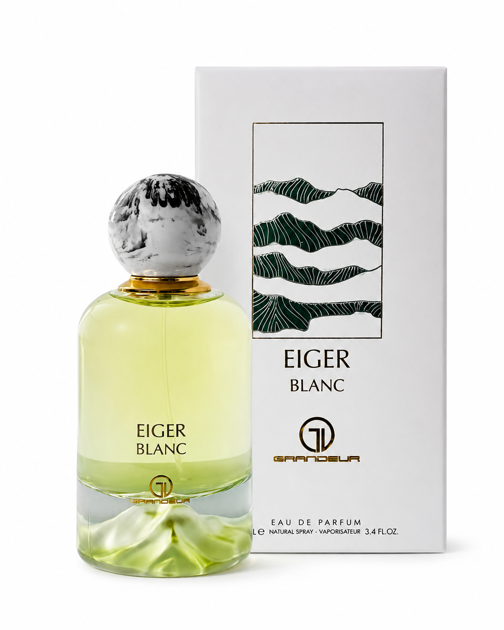 Grandeur Eiger Blanc bottle and matching box