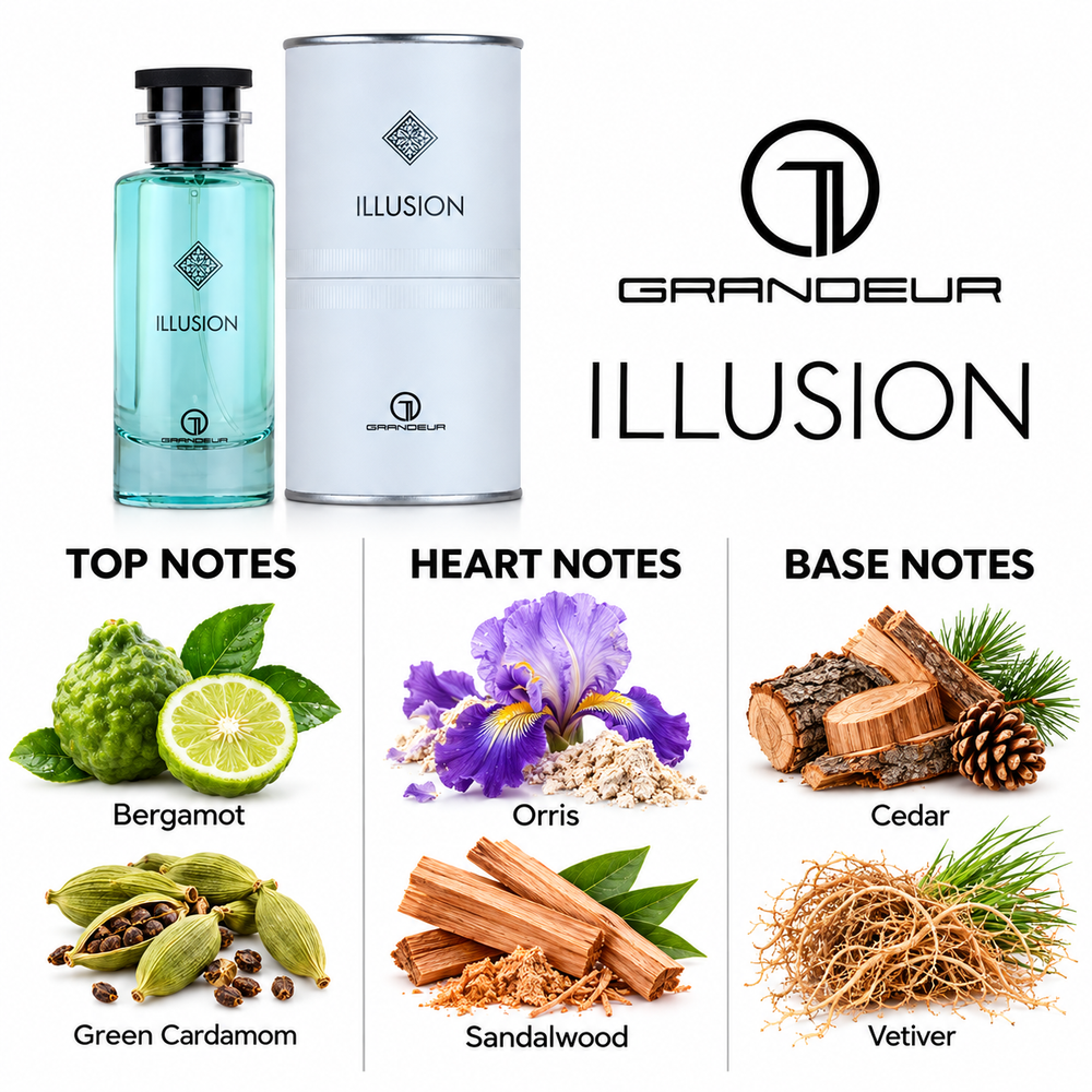 Grandeur Illusion fragrance notes. Top: Bergamot, Green Cardamom. Heart: Orris, Sandalwood. Base: Cedar, Vetiver.