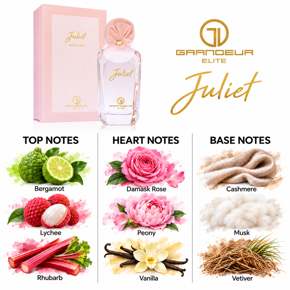 Grandeur Juliet fragrance notes. Top: Bergamot, Lychee, Rhubarb. Heart: Damask Rose, Peony, Vanilla. Base: Cashmere, Musk, Vetiver.