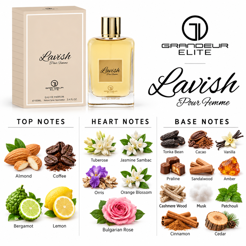 Grandeur Lavish fragrance notes. Top: Almond, Coffee, Bergamot, Lemon. Heart: Tuberose, Jasmine Sambac, Orris, Orange Blossom, Bulgarian Rose. Base: Tonka Bean, Cacao, Vanilla, Praline, Sandalwood, Amber, Cashmere Wood, Musk, Patchouli, Cinnamon, Cedar.