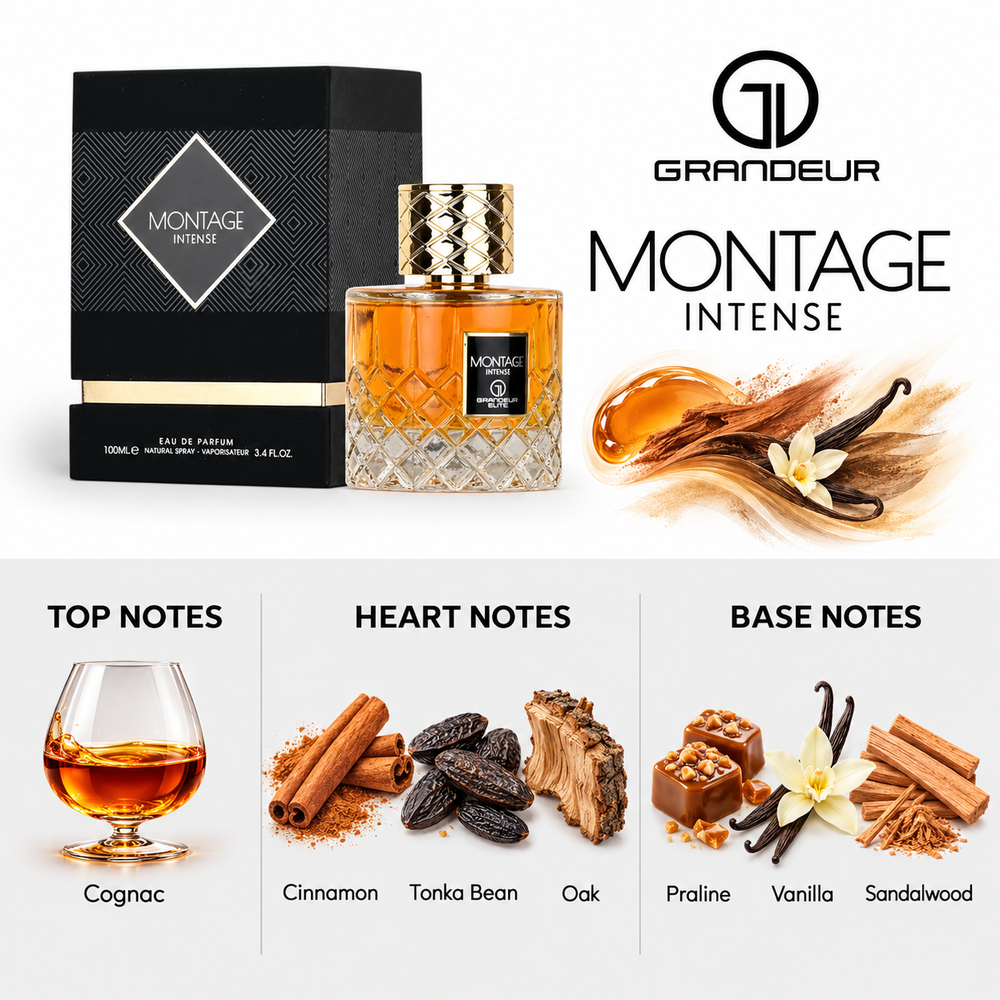 Grandeur Montage Intense fragrance notes. Top: Cognac. Heart: Cinnamon, Tonka Bean, Oak. Base: Praline, Vanilla, Sandalwood.