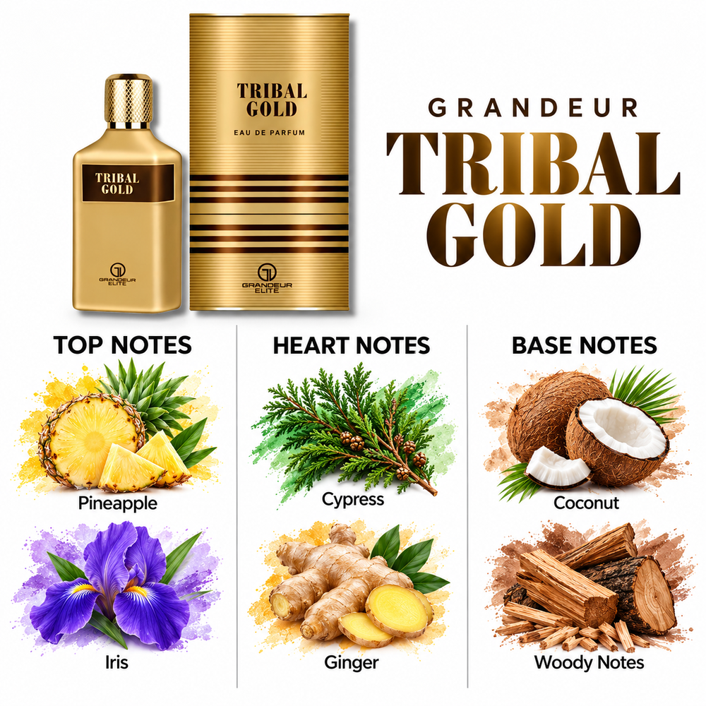 Grandeur Tribal Gold fragrance notes. Top: Pineapple, Iris. Heart: Cypress, Ginger. Base: Coconut, Woody Notes.
