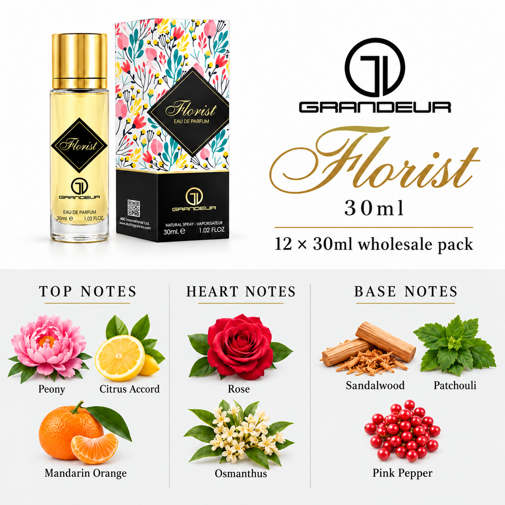 Grandeur Florist — 30ml fragrance notes. Top: Peony, Citrus Accord, Mandarin Orange. Heart: Rose, Osmanthus. Base: Sandalwood, Patchouli, Pink Pepper.
