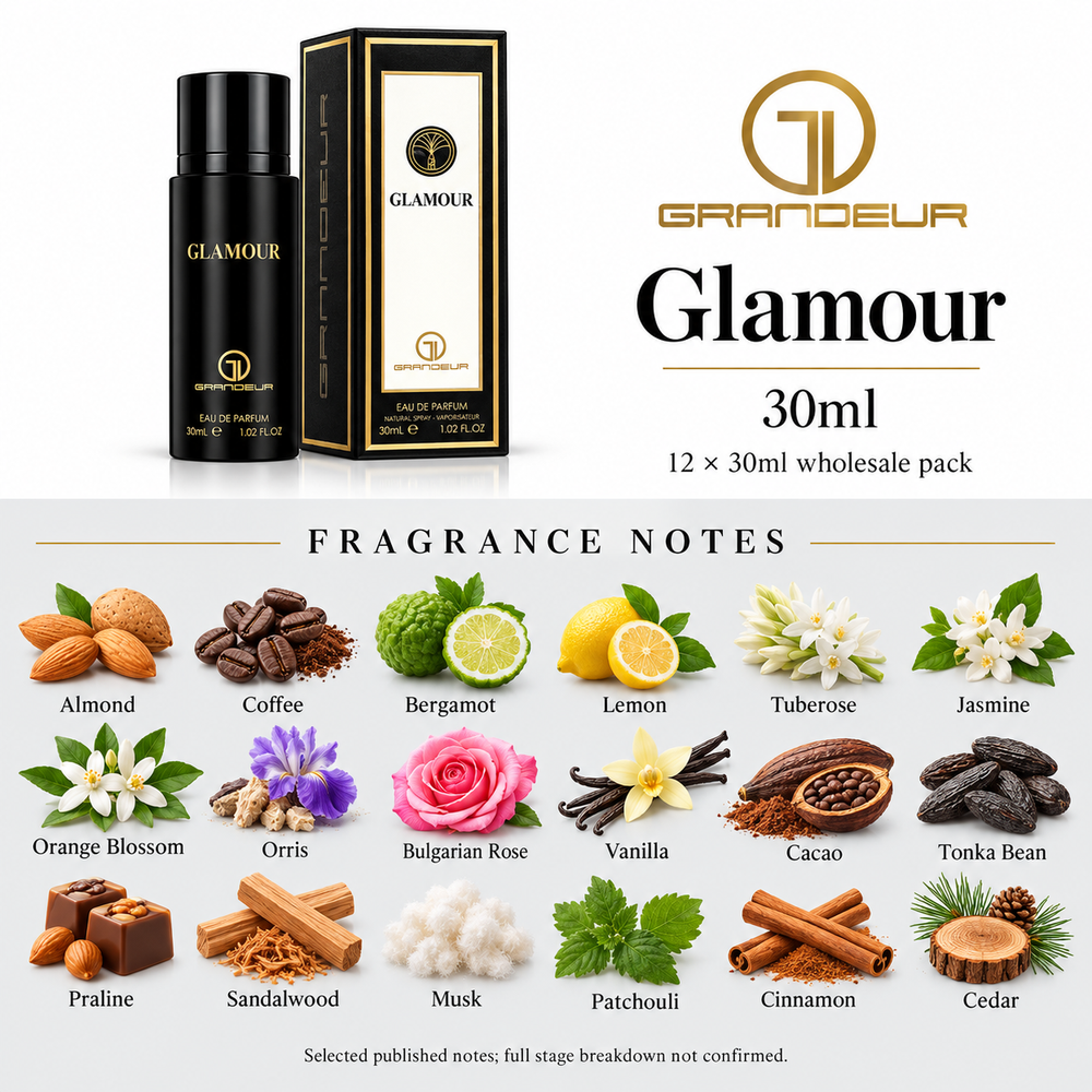Grandeur Glamour — 30ml. Selected published fragrance notes: Almond, Coffee, Bergamot, Lemon, Tuberose, Jasmine, Orange Blossom, Orris, Bulgarian Rose, Vanilla, Cacao, Tonka Bean, Praline, Sandalwood, Musk, Patchouli, Cinnamon, Cedar. Full stage breakdown not confirmed.