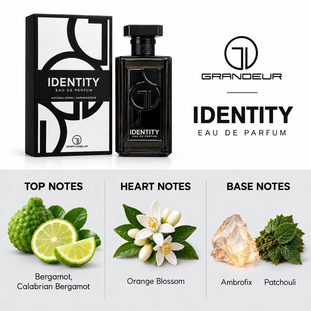 Grandeur Identity fragrance notes. Top: Bergamot, Calabrian Bergamot. Heart: Orange Blossom. Base: Ambrofix, Patchouli.