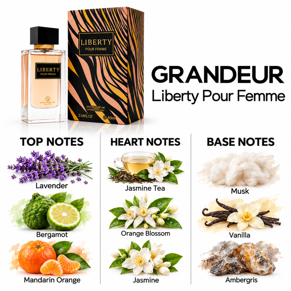 Grandeur Liberty Pour Femme fragrance notes. Top: Lavender, Bergamot, Mandarin Orange. Heart: Jasmine Tea, Orange Blossom, Jasmine. Base: Musk, Vanilla, Ambergris.