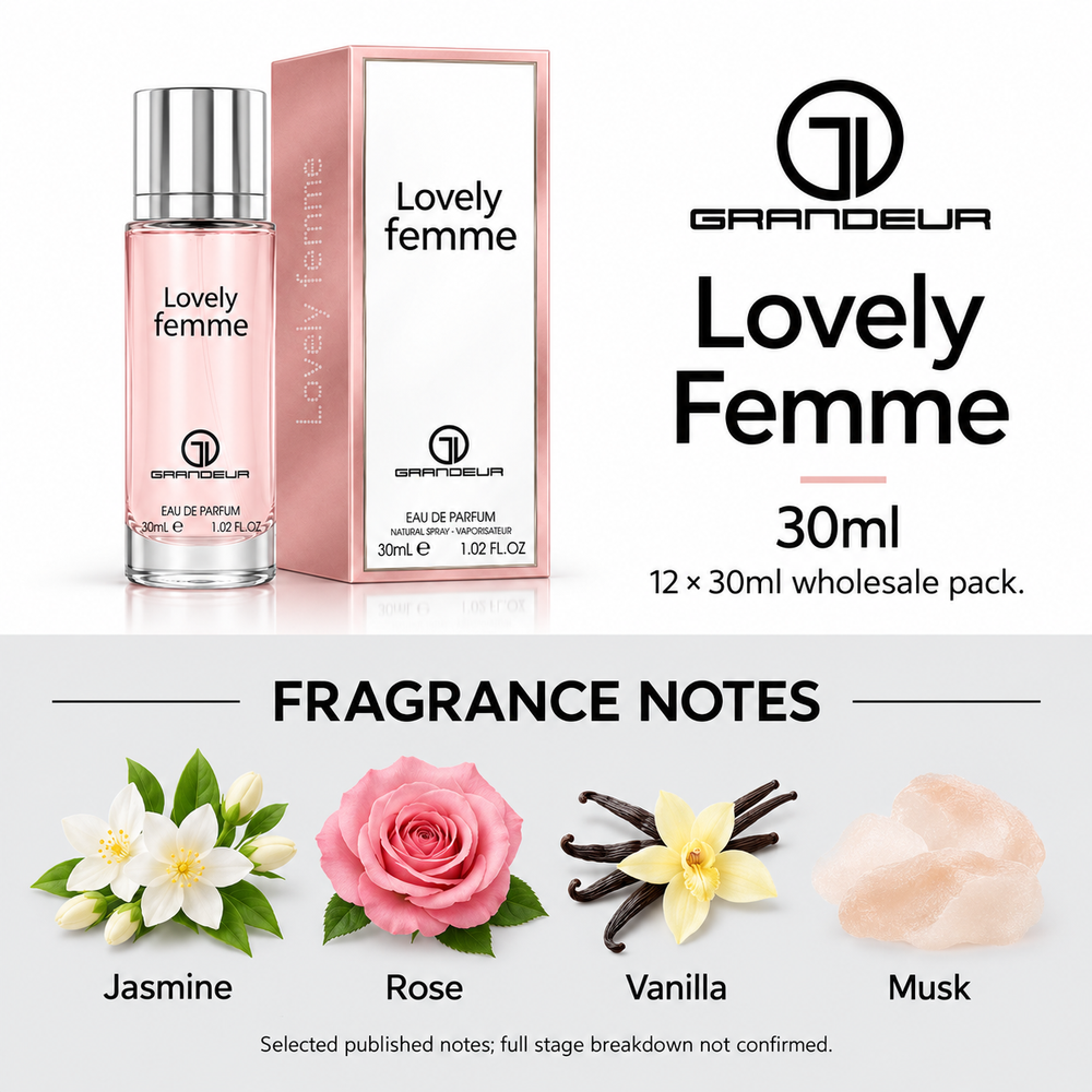 Grandeur Lovely Femme — 30ml. Selected published fragrance notes: Jasmine, Rose, Vanilla, Musk. Full stage breakdown not confirmed.
