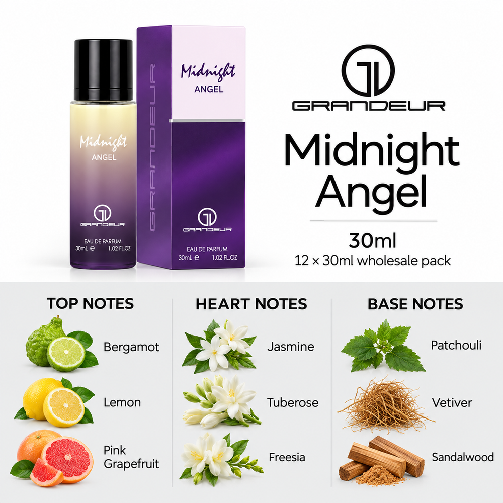 Grandeur Midnight Angel — 30ml fragrance notes. Top: Bergamot, Lemon, Pink Grapefruit. Heart: Jasmine, Tuberose, Freesia. Base: Patchouli, Vetiver, Sandalwood.
