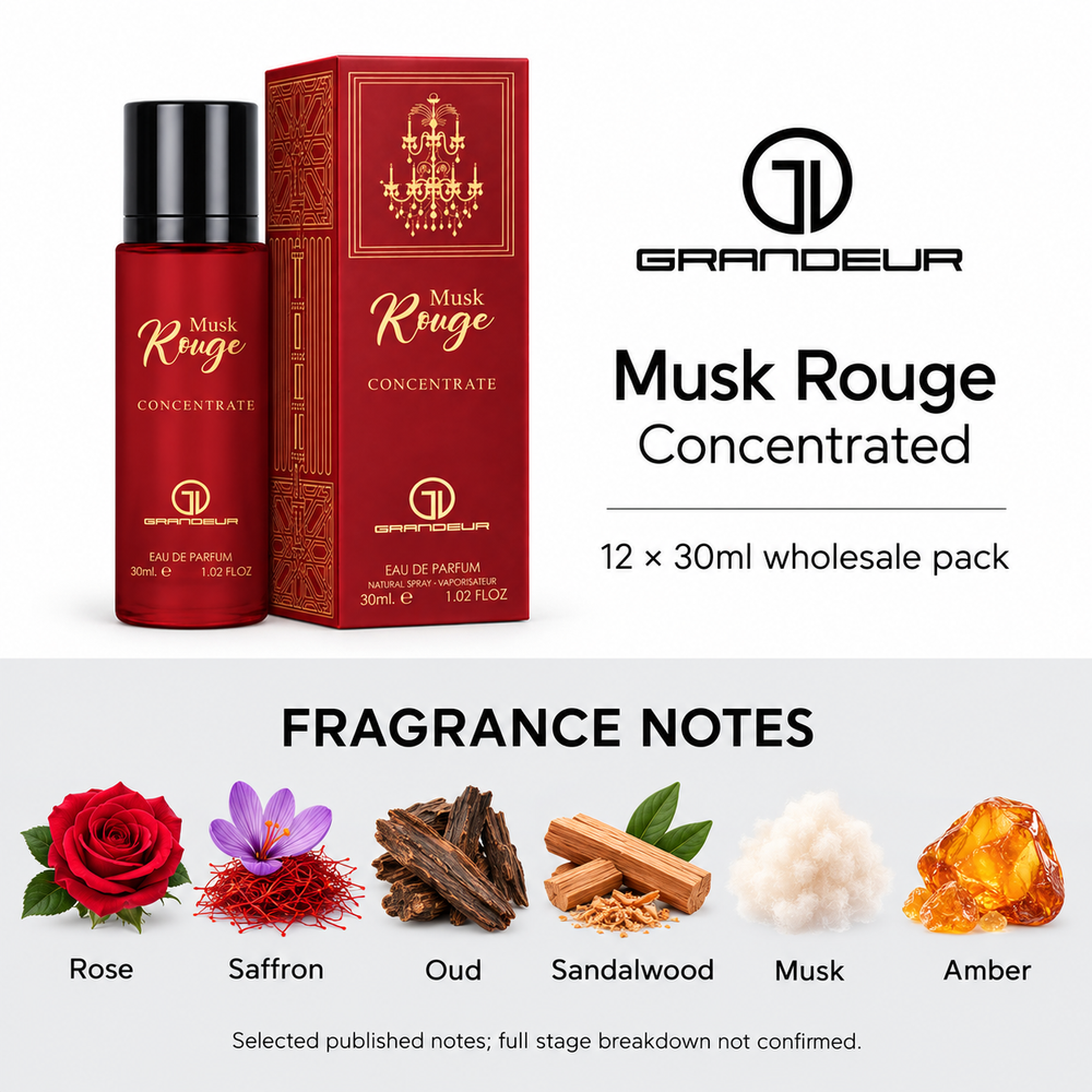 Grandeur Musk Rouge Concentrated — 30ml. Selected published fragrance notes: Rose, Saffron, Oud, Sandalwood, Musk, Amber. Full stage breakdown not confirmed.