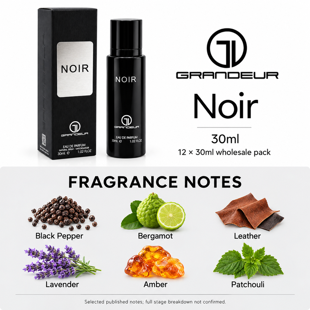 Grandeur Noir — 30ml. Selected published fragrance notes: Black Pepper, Bergamot, Leather, Lavender, Amber, Patchouli. Full stage breakdown not confirmed.