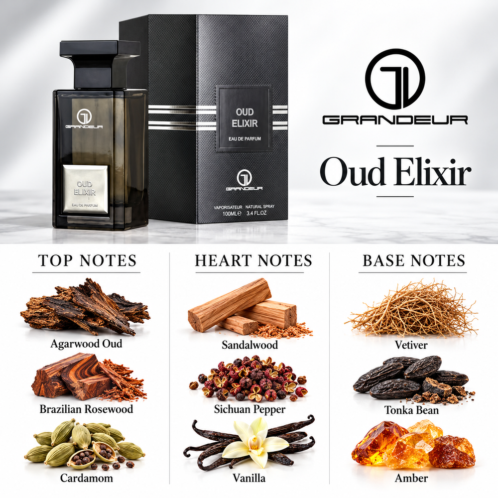 Grandeur Oud Elixir fragrance notes. Top: Agarwood Oud, Brazilian Rosewood, Cardamom. Heart: Sandalwood, Sichuan Pepper, Vanilla. Base: Vetiver, Tonka Bean, Amber.