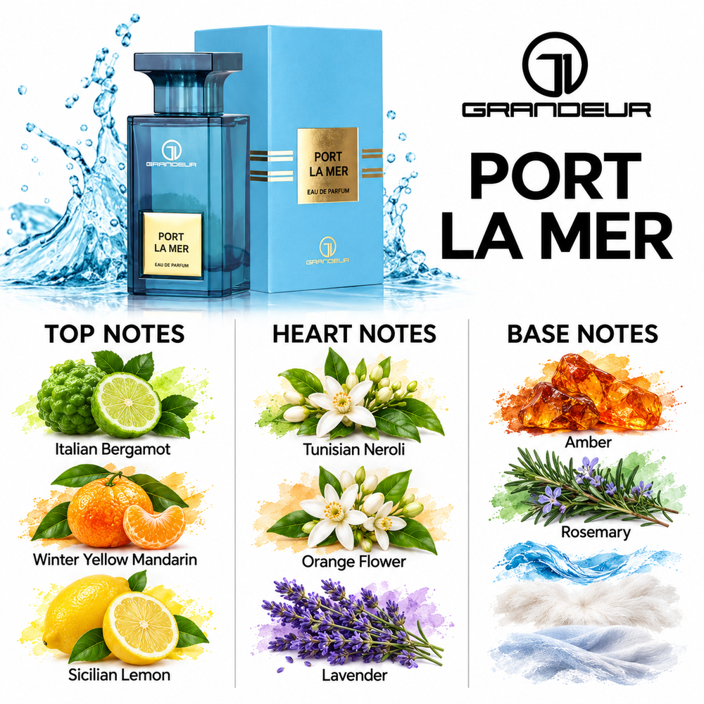Grandeur Port La Mer fragrance notes. Top: Italian Bergamot, Winter Yellow Mandarin, Sicilian Lemon. Heart: Tunisian Neroli, Orange Flower, Lavender. Base: Amber, Rosemary.