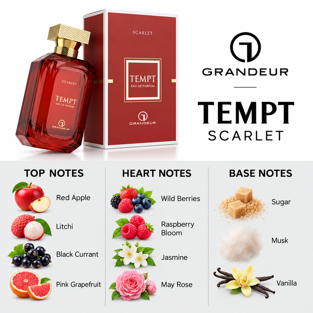 Grandeur Tempt Scarlet fragrance notes. Top: Red Apple, Litchi, Black Currant, Pink Grapefruit. Heart: Wild Berries, Raspberry Bloom, Jasmine, May Rose. Base: Sugar, Musk, Vanilla.