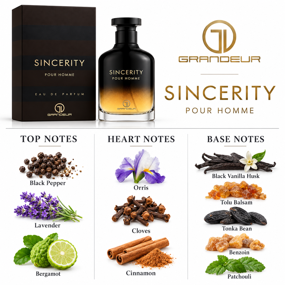 Grandeur Sincerity Pour Homme fragrance notes. Top: Black Pepper, Lavender, Bergamot. Heart: Orris, Cloves, Cinnamon. Base: Black Vanilla Husk, Tolu Balsam, Tonka Bean, Benzoin, Patchouli.