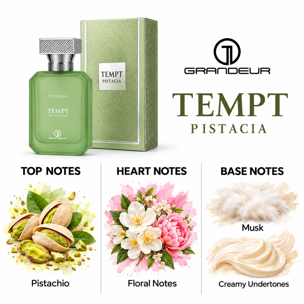 Grandeur Tempt Pistacia fragrance notes. Top: Pistachio. Heart: Floral Notes. Base: Musk, Creamy Undertones.