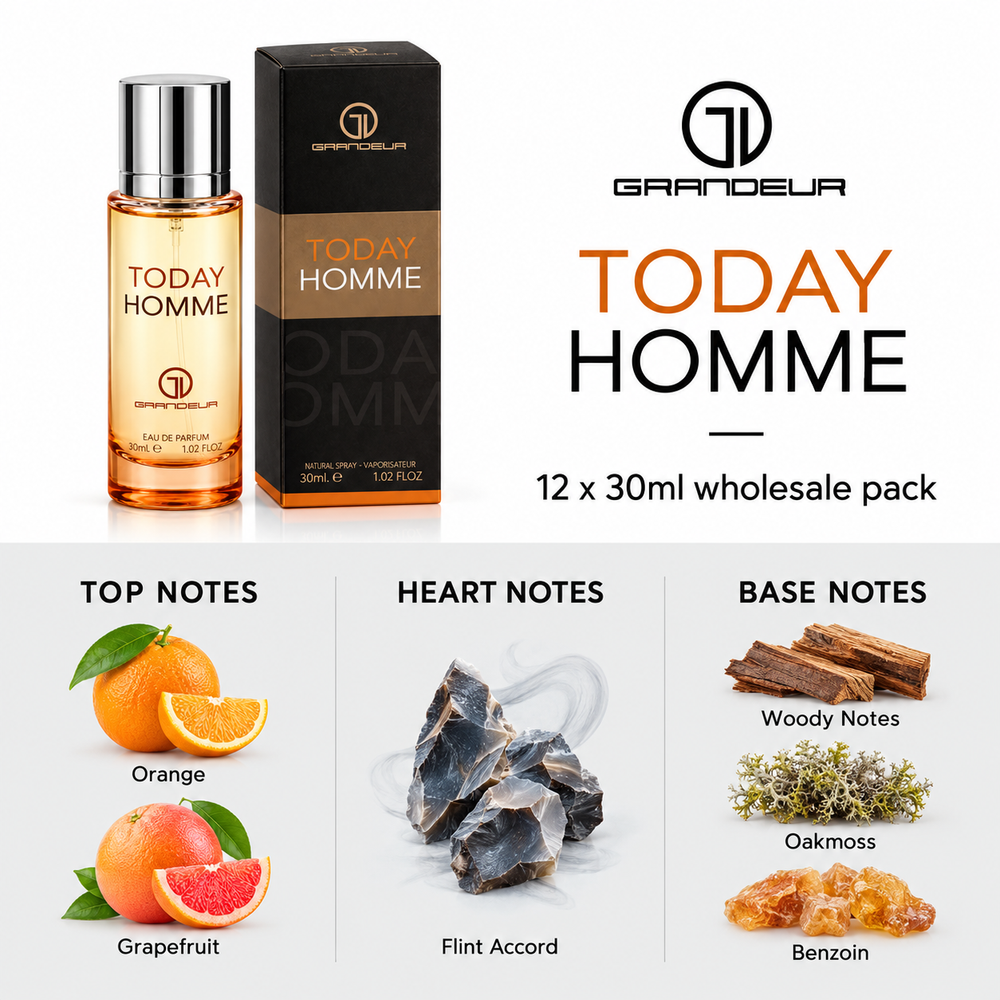 Grandeur Today Homme — 30ml fragrance notes. Top: Orange, Grapefruit. Heart: Flint Accord. Base: Woody Notes, Oakmoss, Benzoin.
