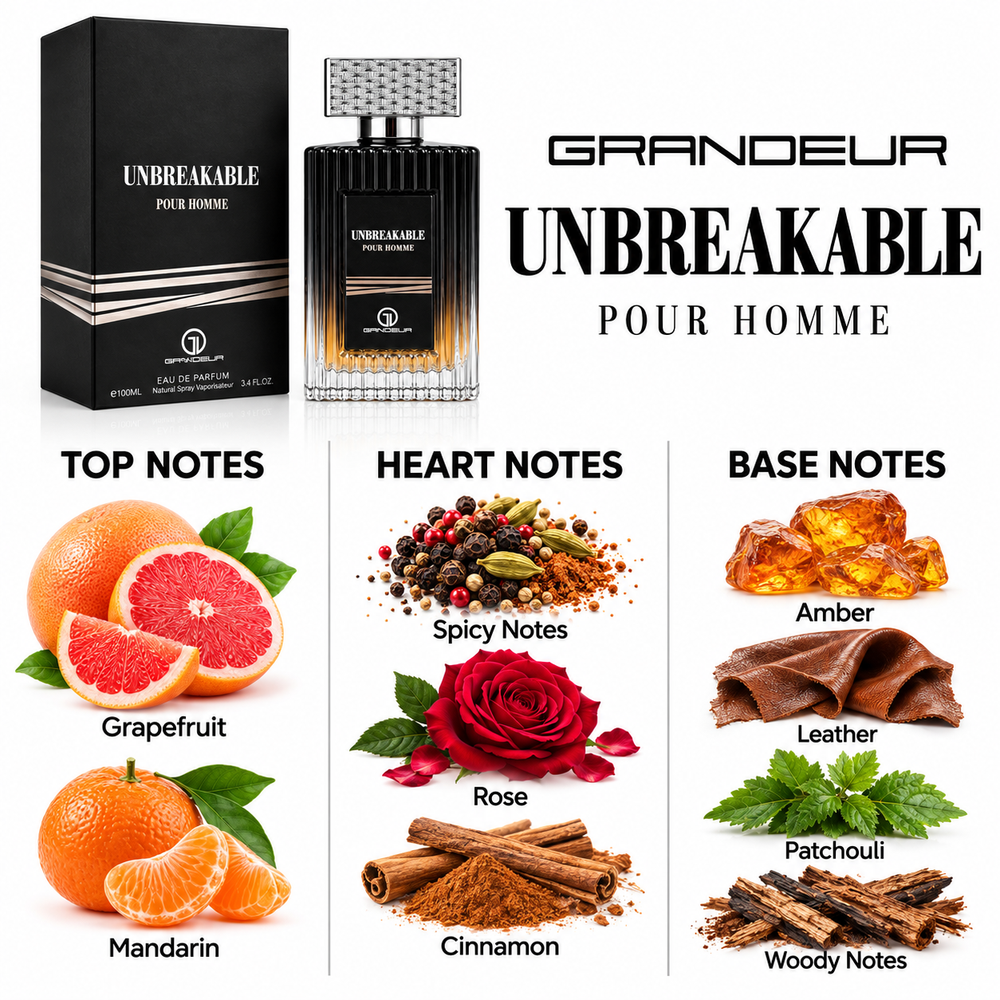 Grandeur Unbreakable Pour Homme fragrance notes. Top: Grapefruit, Mandarin. Heart: Spicy Notes, Rose, Cinnamon. Base: Amber, Leather, Patchouli, Woody Notes.