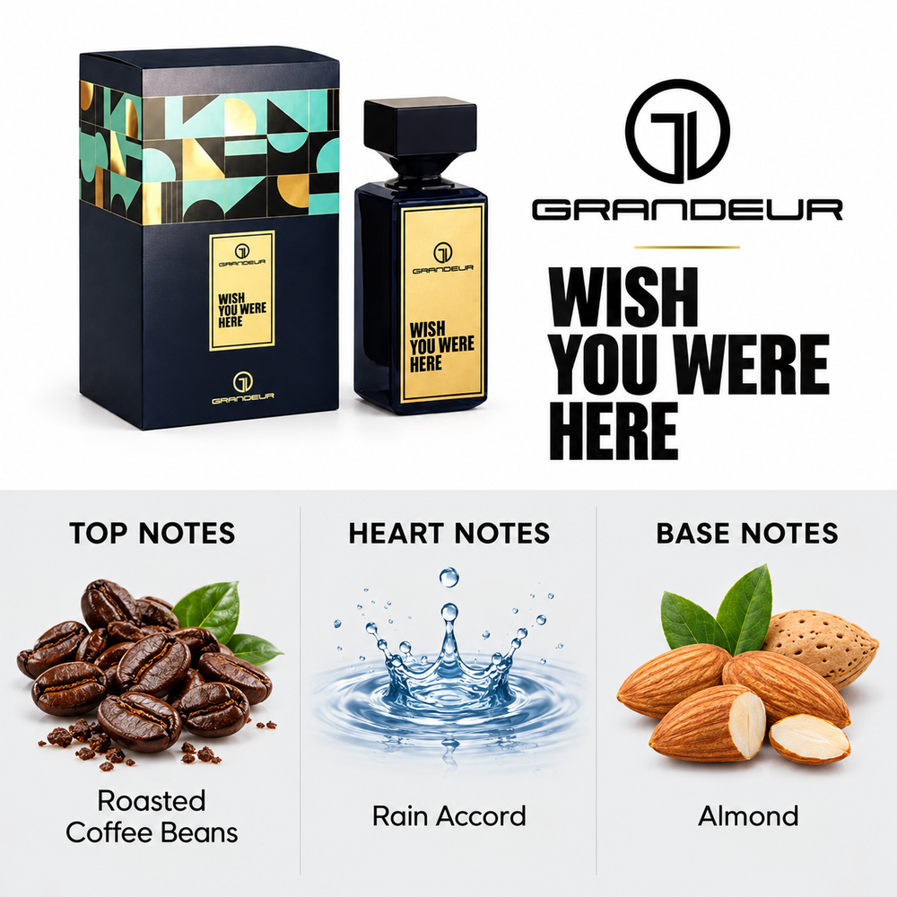 Grandeur Wish You Were Here fragrance notes. Top: Roasted Coffee Beans. Heart: Rain Accord. Base: Almond.