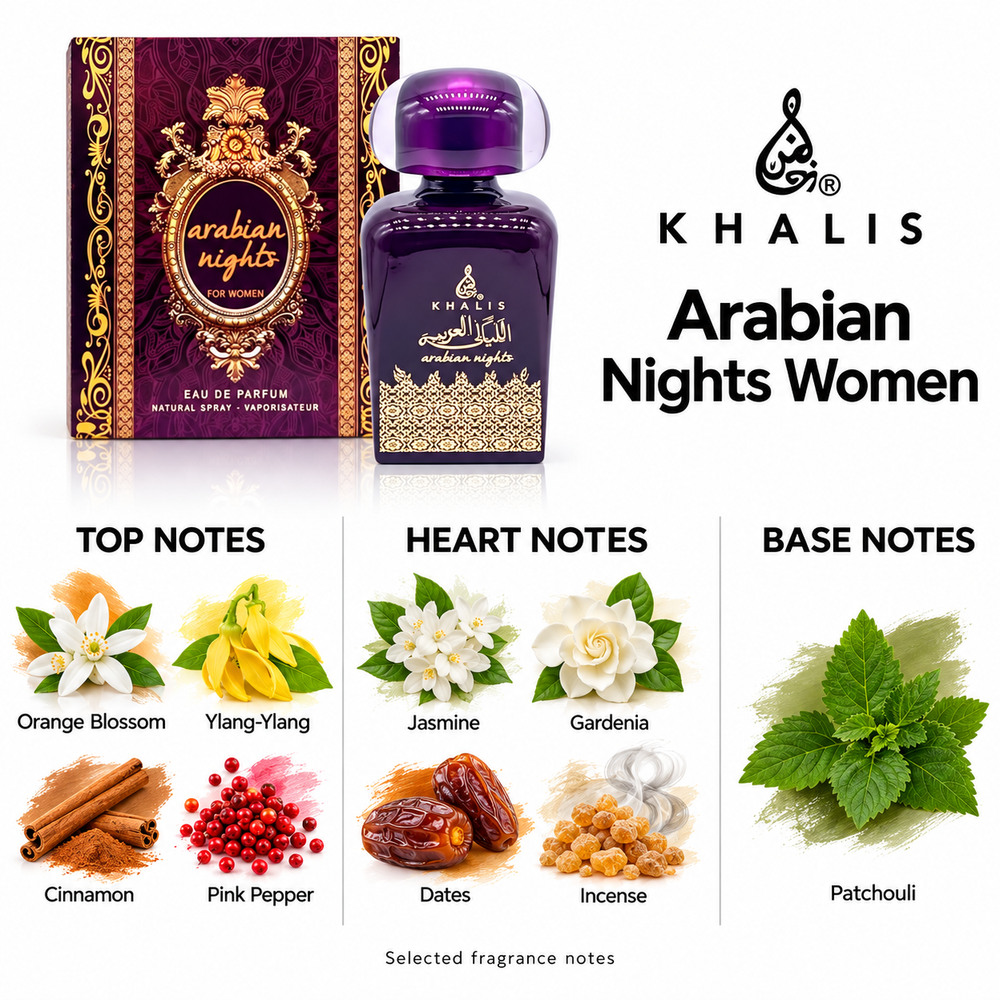 Khalis Arabian Nights Women — selected top, heart and base fragrance notes