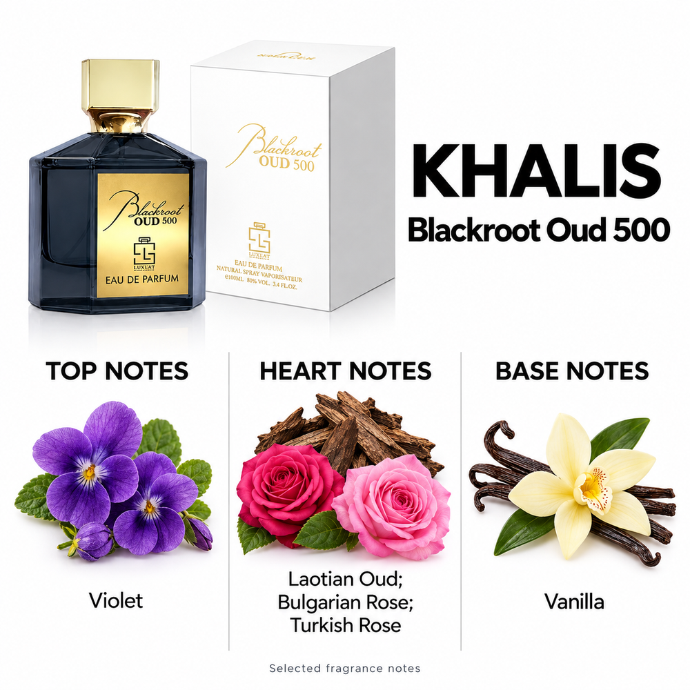 Khalis Blackroot Oud 500 — selected top, heart and base fragrance notes