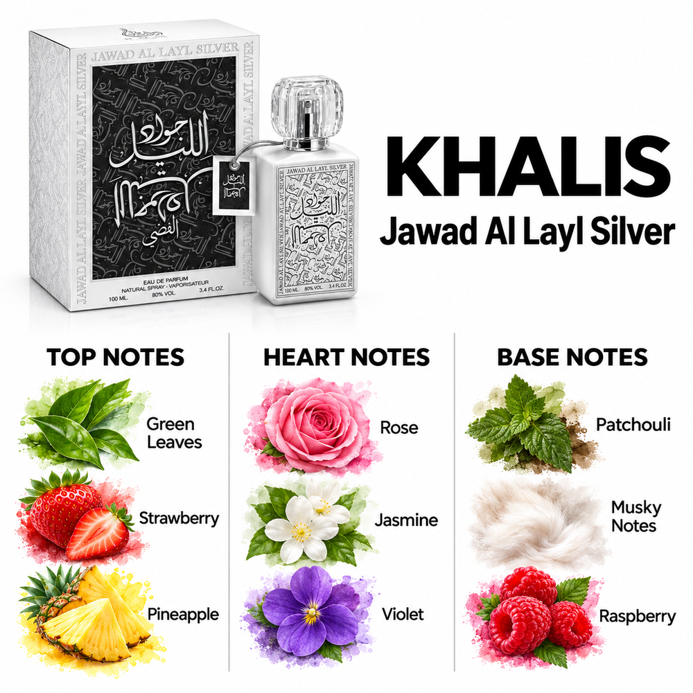 Khalis Jawad Al Layl Silver — top, heart and base fragrance notes