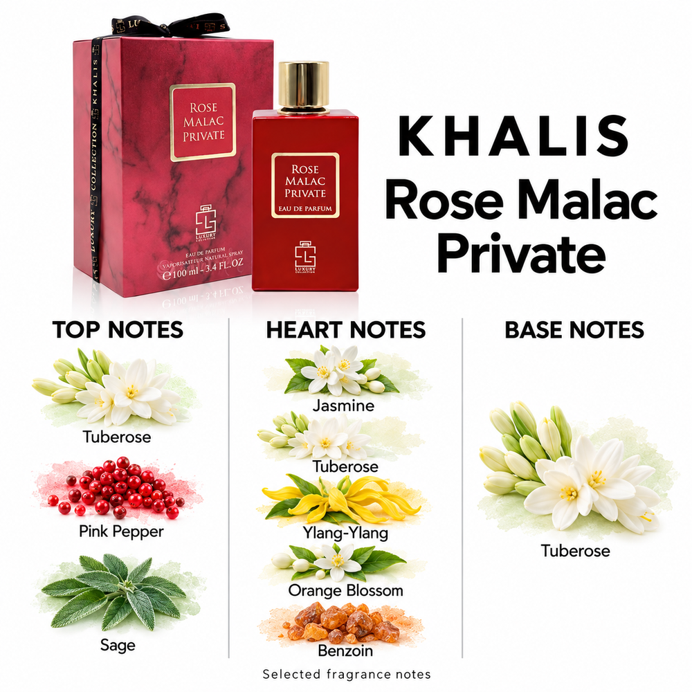Khalis Rose Malac Private — selected top, heart and base fragrance notes